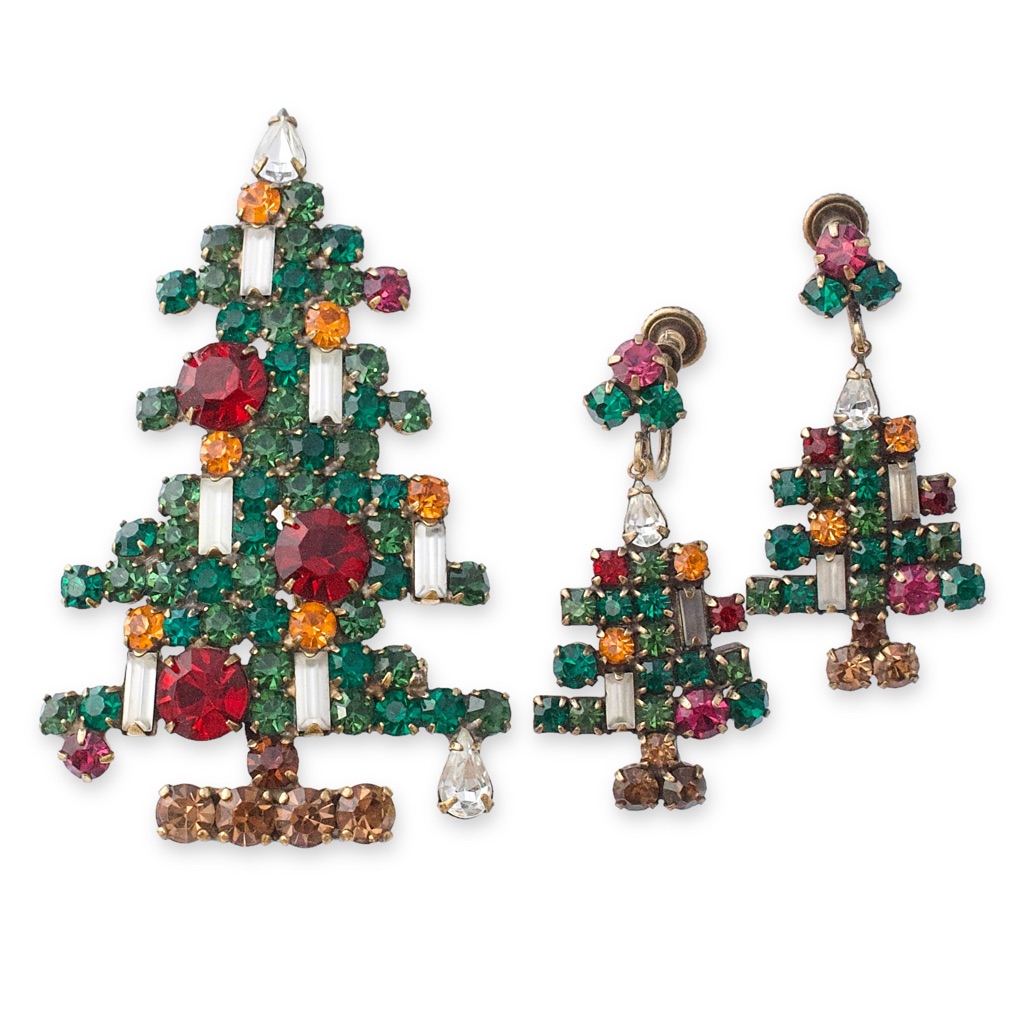 Vintage Weiss Christmas Tree Brooch & Screwback Earrings Set Rare Holiday Parure